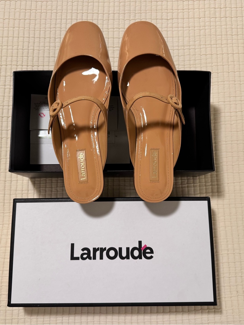Larroude Patent Leather Mary-Jane Mules in Tan